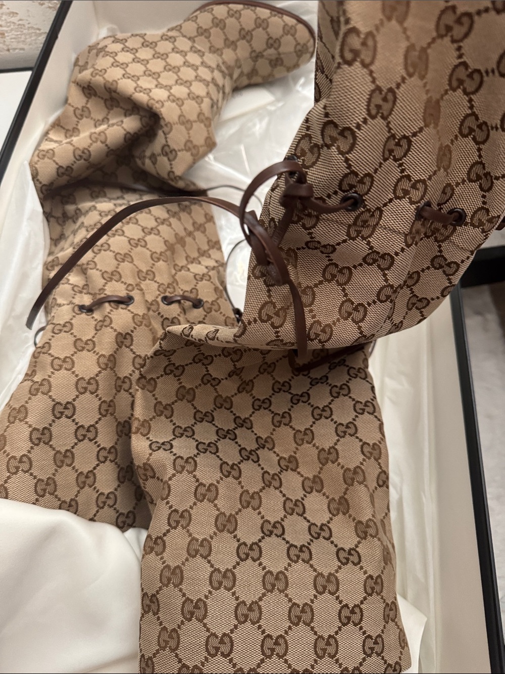Gucci Brown GG Monogram Knee-High Drawstring Boots - Picture 5 of 8